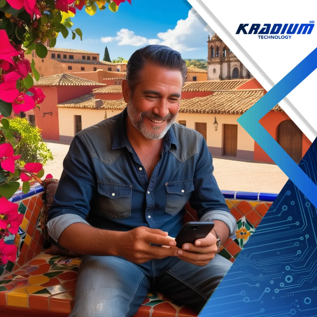Hombre mexicano usando su telefono en un pueblo.