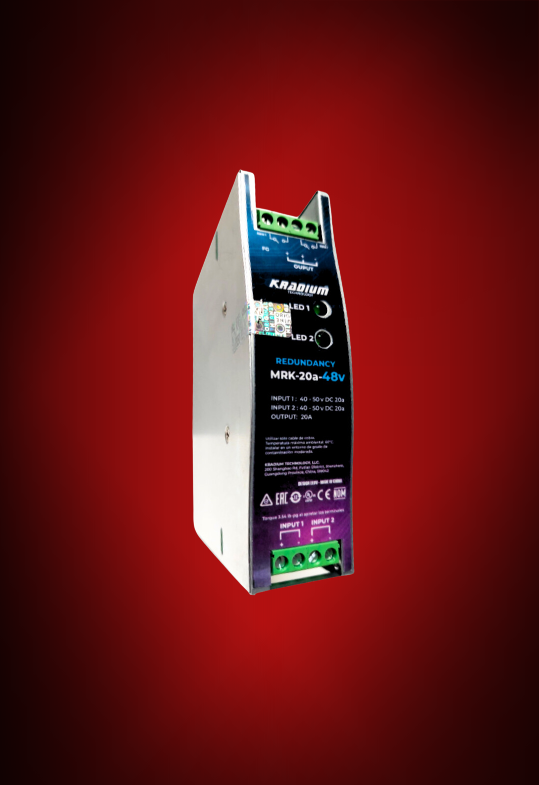 Modulo de Redundancia 24 V Marca Kradium con Fondo de Degradado Rojo